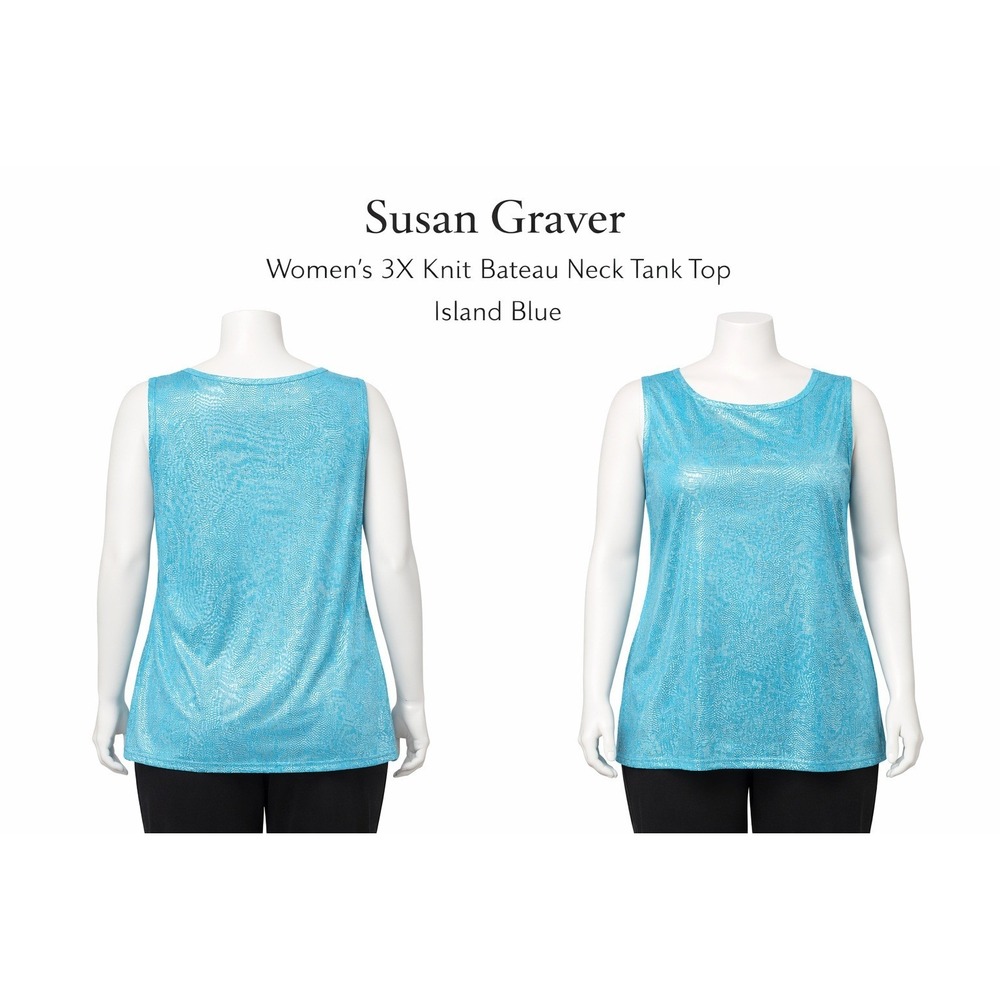 Susan Graver Womens 3X Knit‎ Bateau Neck Tank Top Island Blue Embossed A253029